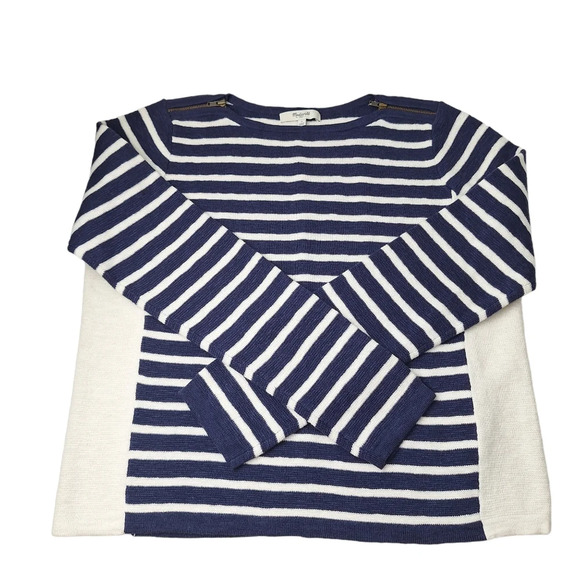 Madewell Small Striped Cropped Boatneck Shoulder Zipper Cotton Wool Sweater - Picture 6 of 14